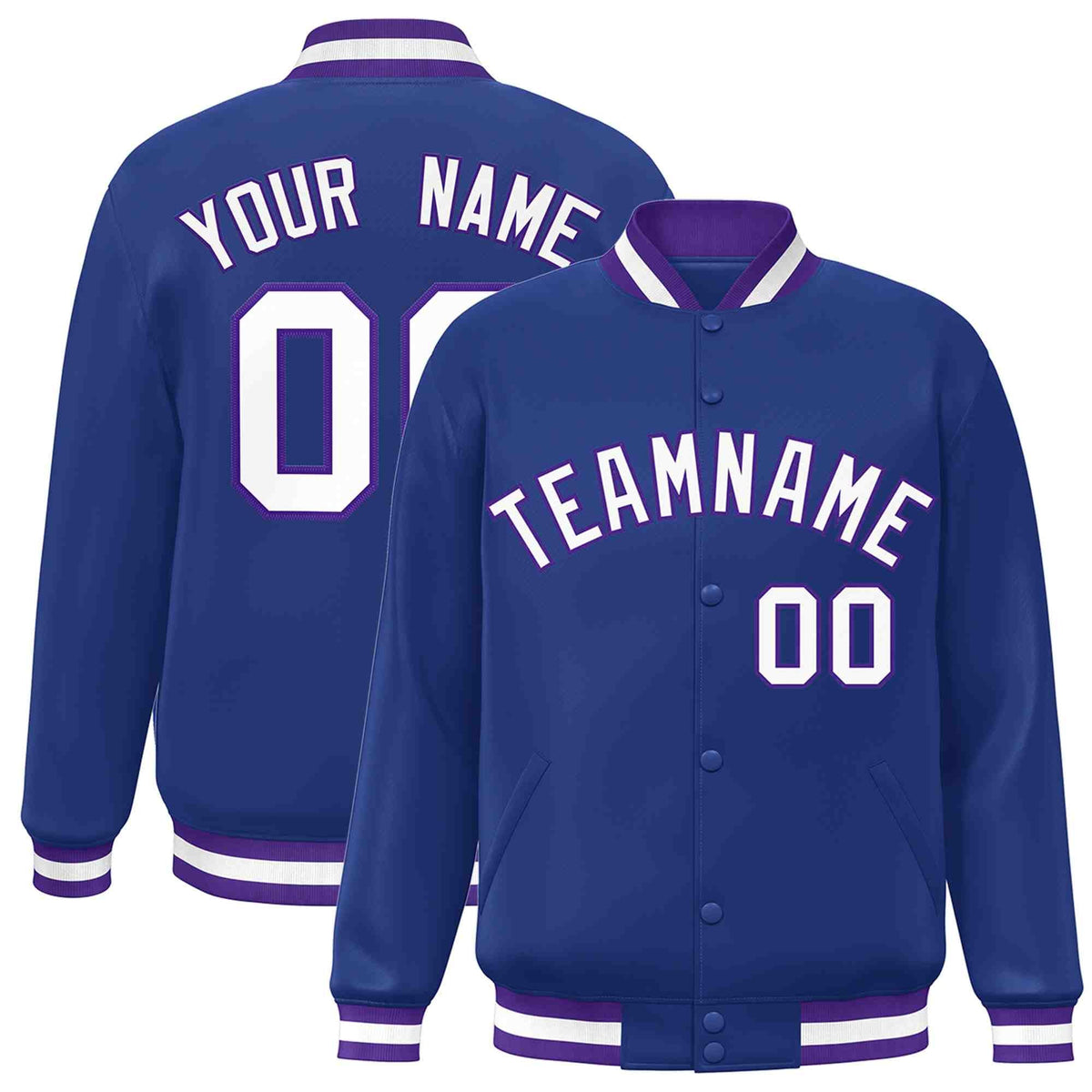 Custom Royal White-Purple Varsity  Jacket Classic Style Full-Snap Letterman