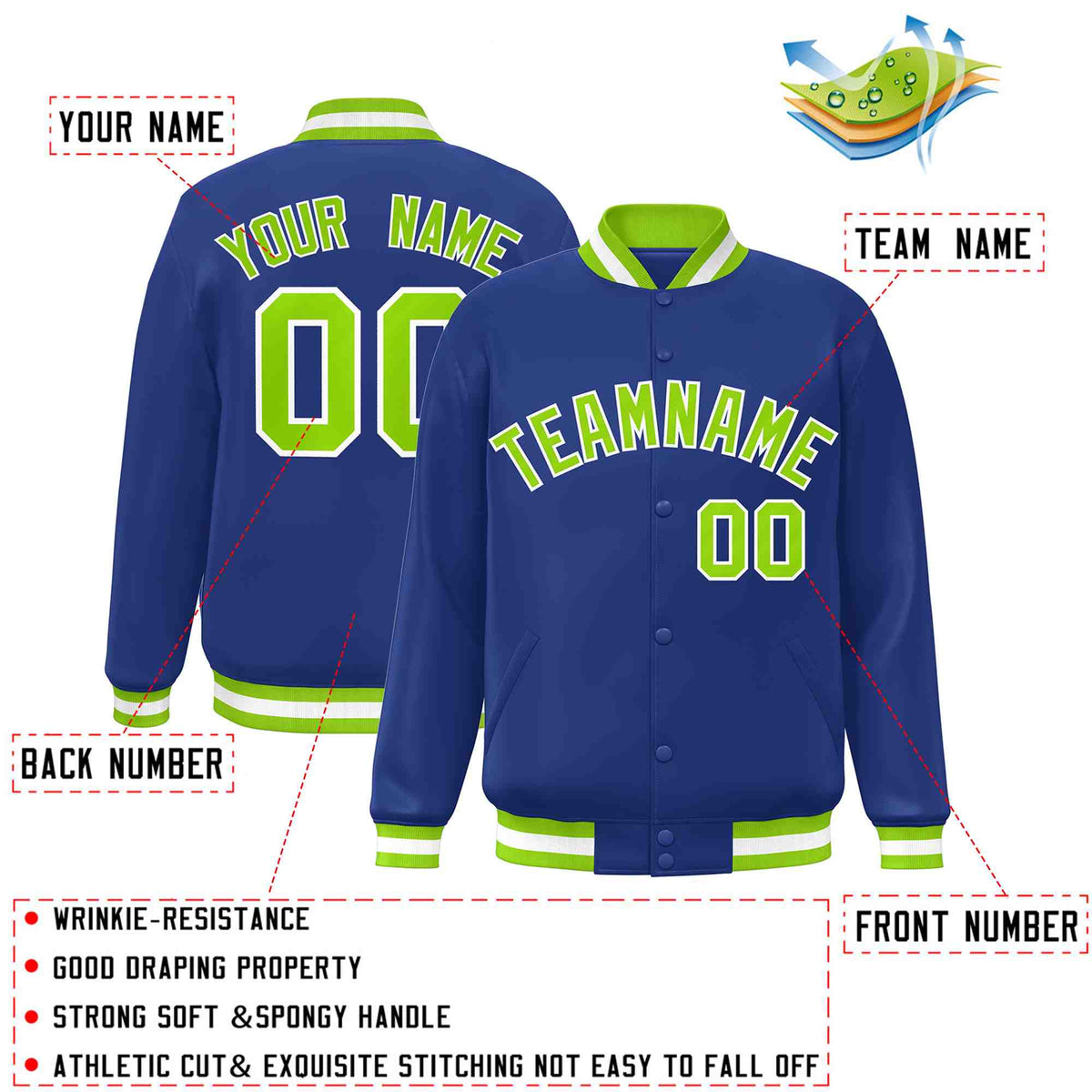 Custom Royal Neon Green-White Varsity  Jacket Classic Style Full-Snap Letterman