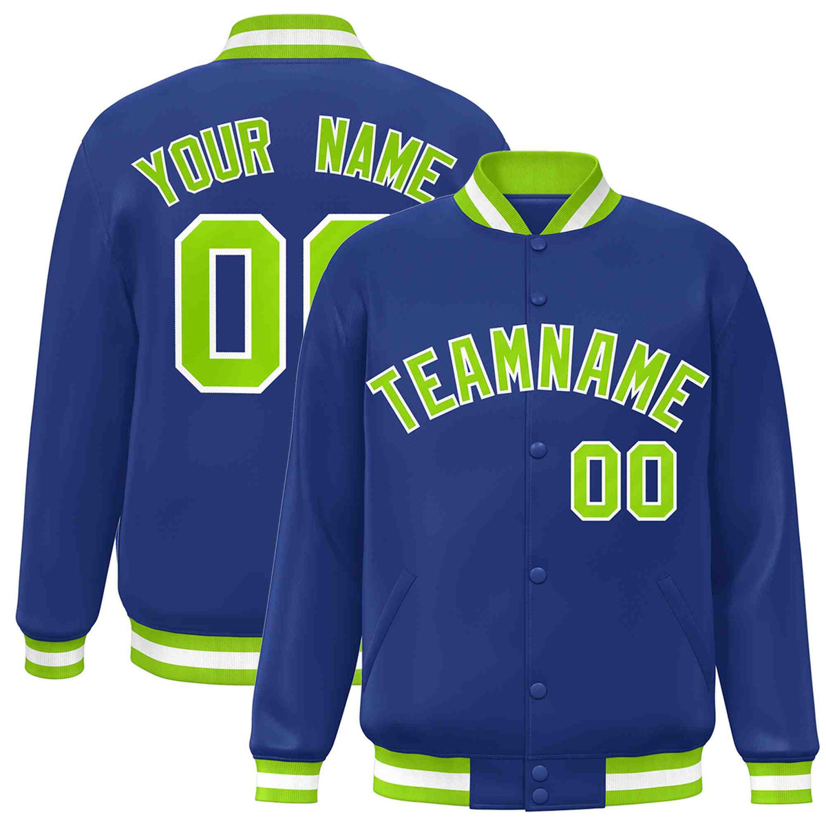Custom Royal Neon Green-White Varsity  Jacket Classic Style Full-Snap Letterman