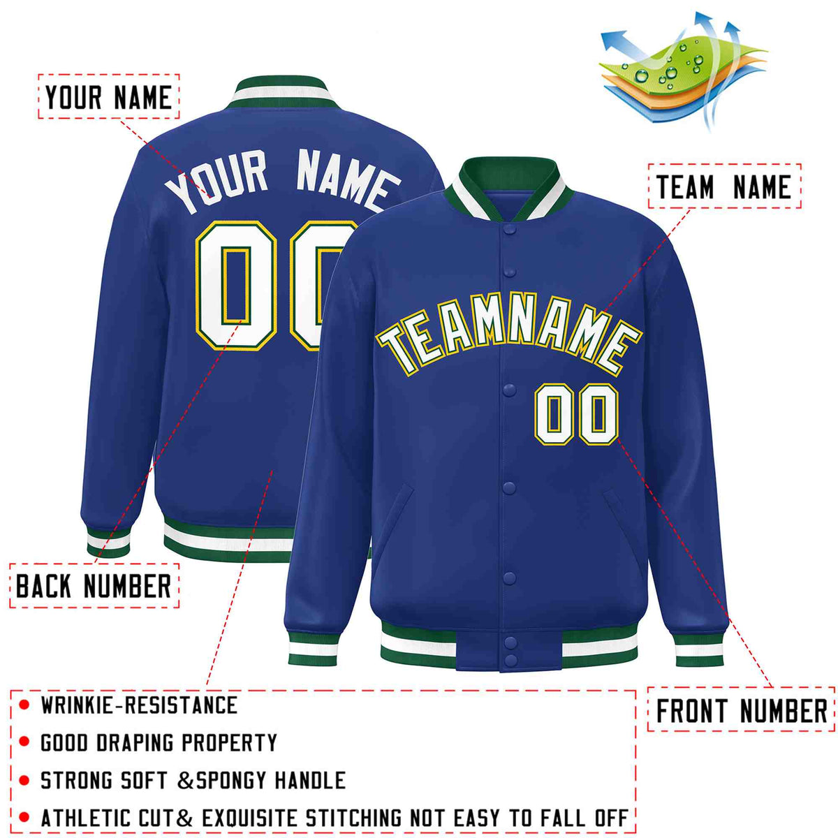 Custom Royal White-Green Varsity  Jacket Classic Style Full-Snap Letterman