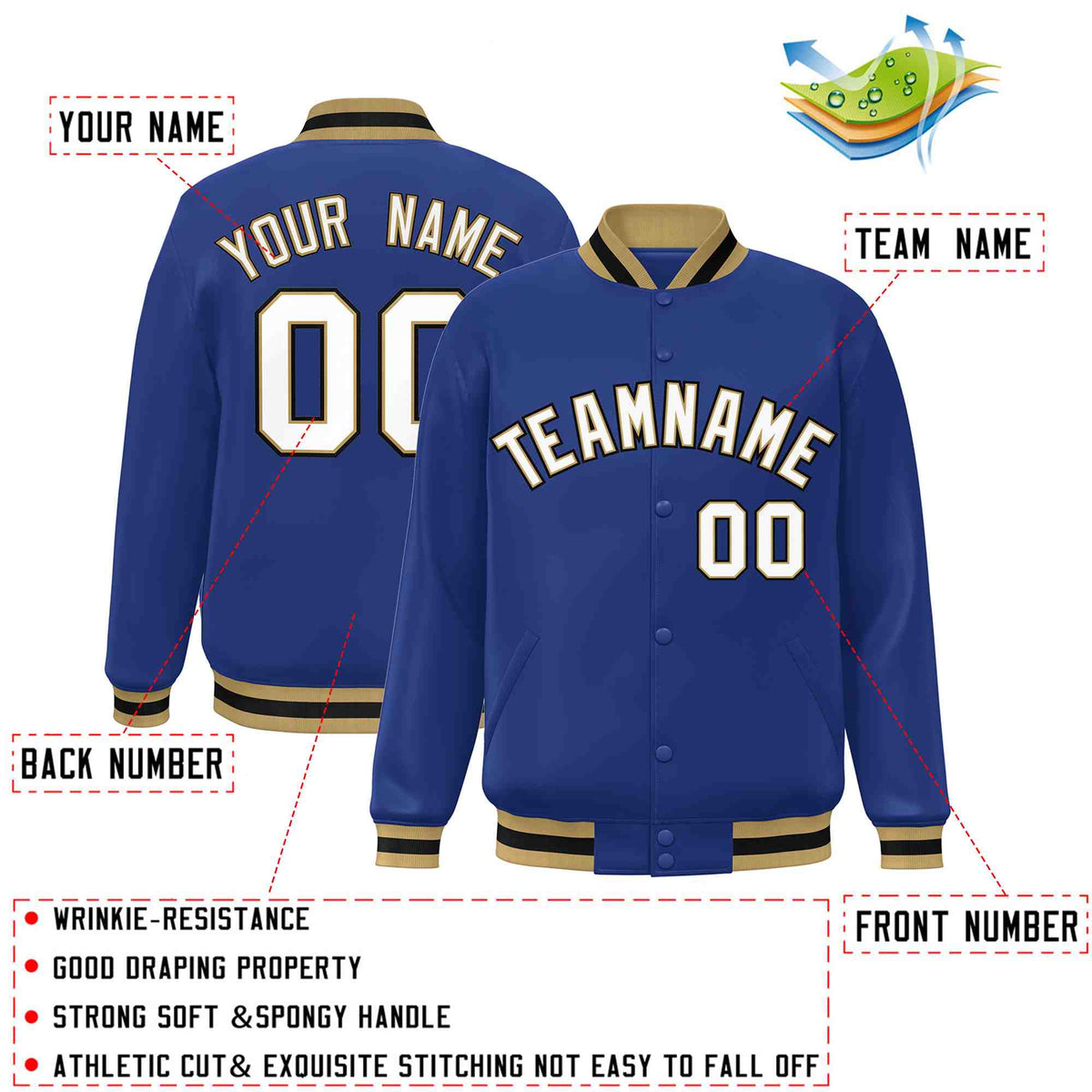 Custom Royal White-Old Gold Varsity  Jacket Classic Style Full-Snap Letterman