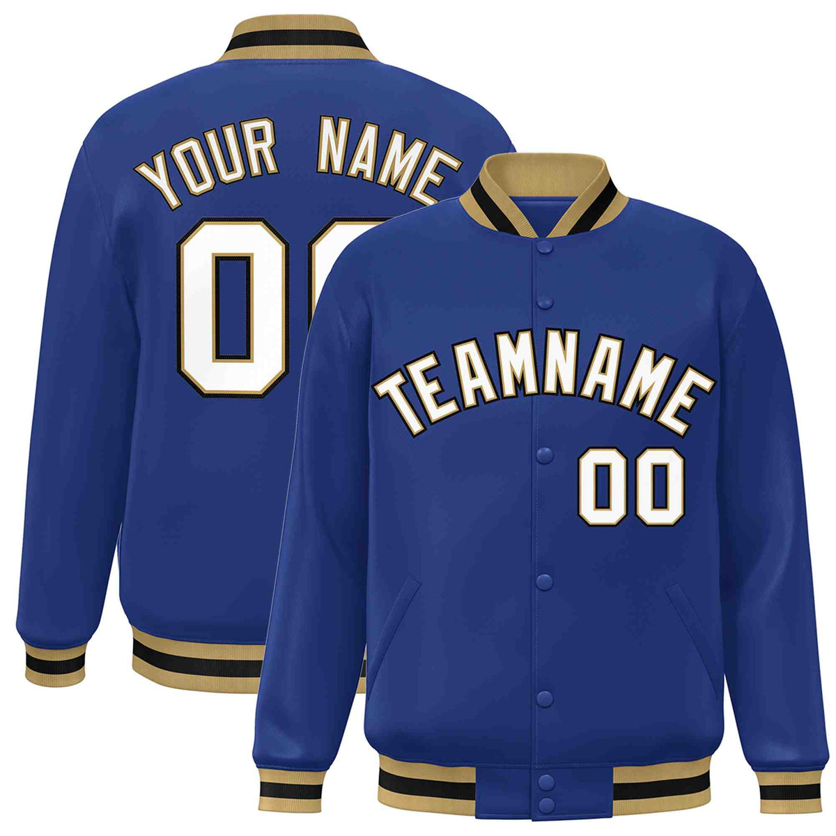 Custom Royal White-Old Gold Varsity  Jacket Classic Style Full-Snap Letterman