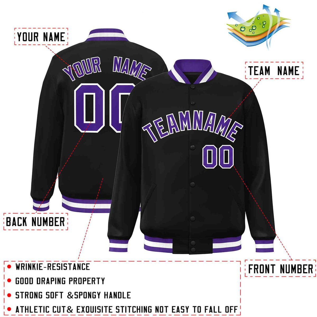 Custom Black Purple-White Varsity  Jacket Classic Style Full-Snap Letterman