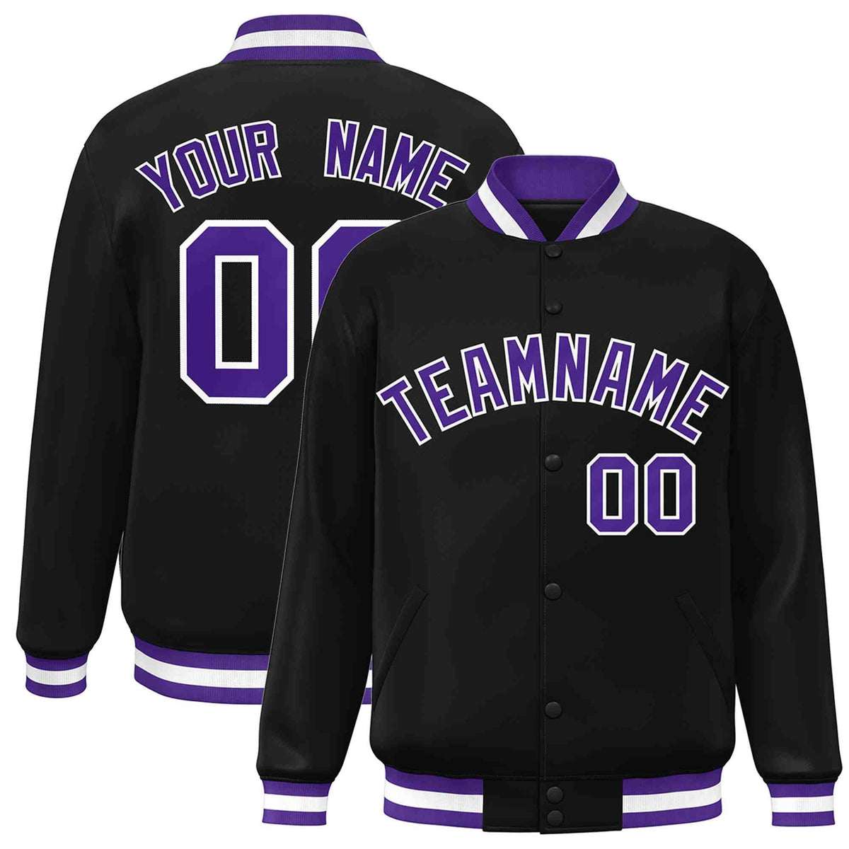 Custom Black Purple-White Varsity  Jacket Classic Style Full-Snap Letterman