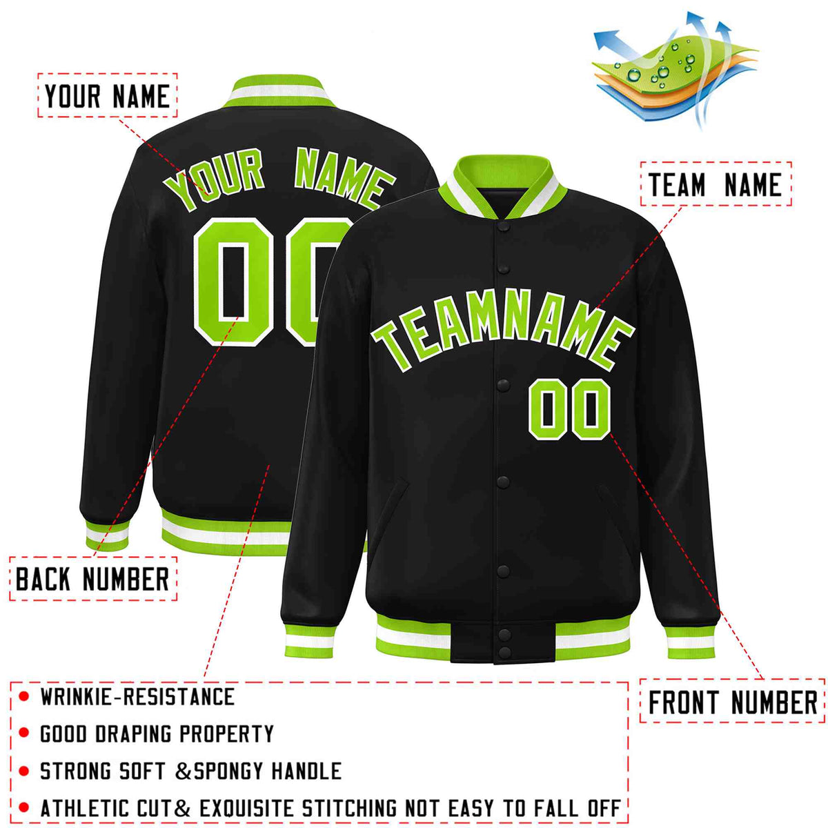 Custom Black Neon Green-White Varsity  Jacket Classic Style Full-Snap Letterman