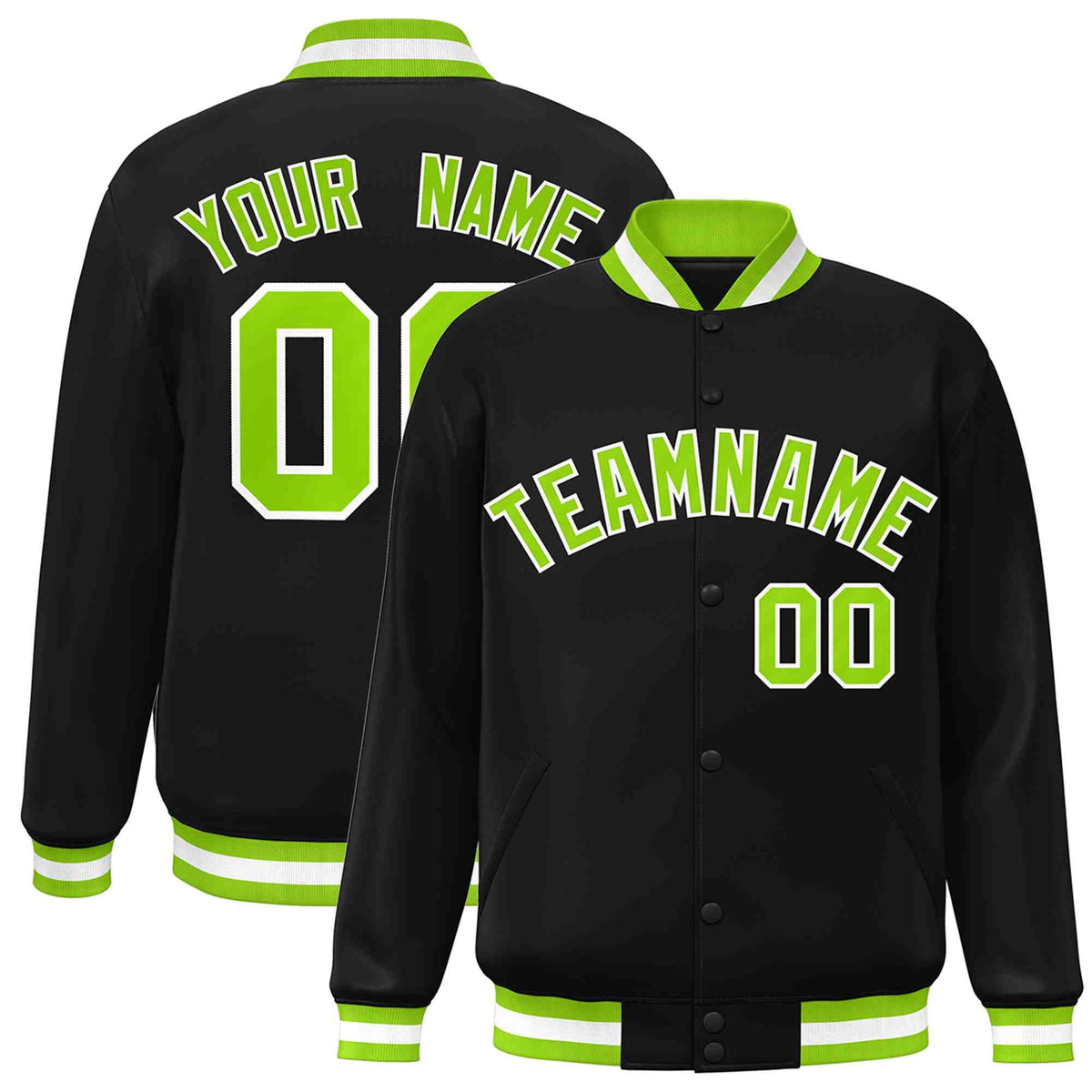 Custom Black Neon Green-White Varsity  Jacket Classic Style Full-Snap Letterman