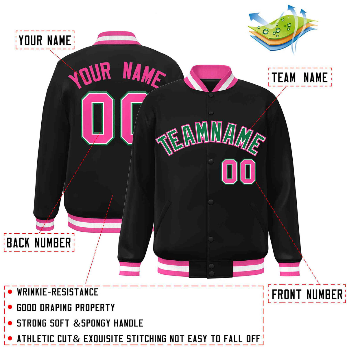 Custom Black Green-White Varsity  Jacket Classic Style Full-Snap Letterman
