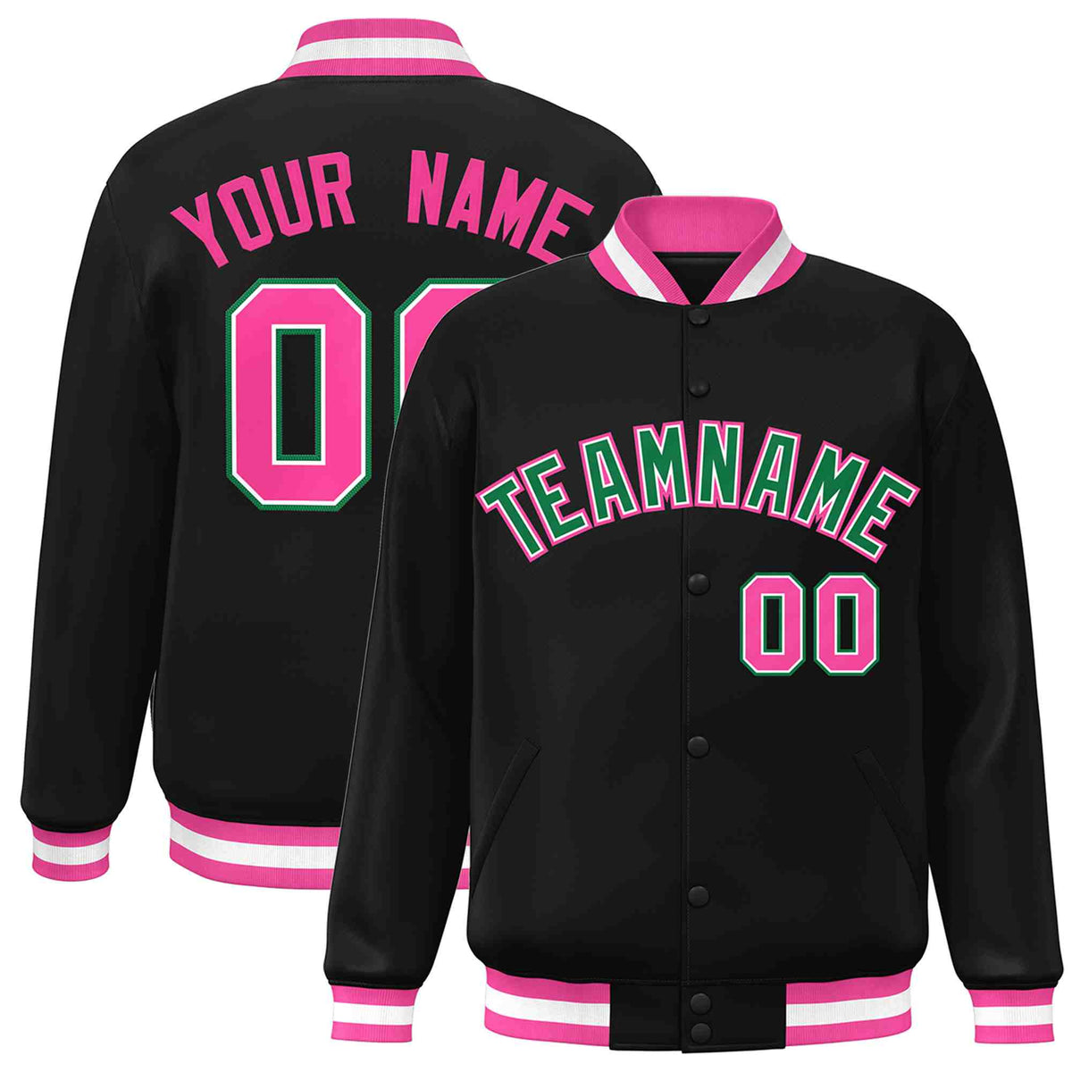 Custom Black Green-White Varsity  Jacket Classic Style Full-Snap Letterman