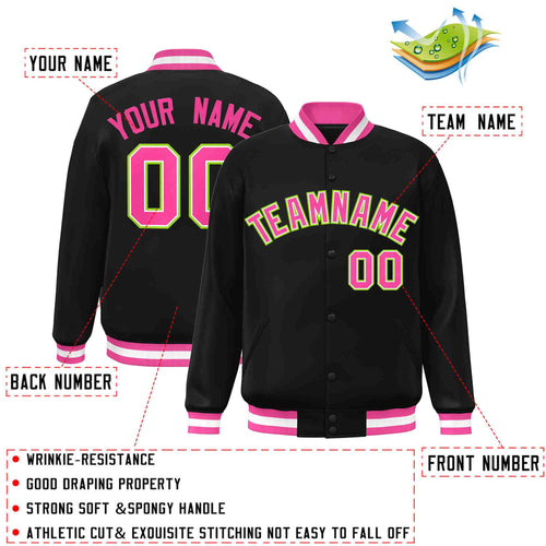 Custom Black Pink-White Varsity  Jacket Classic Style Full-Snap Letterman