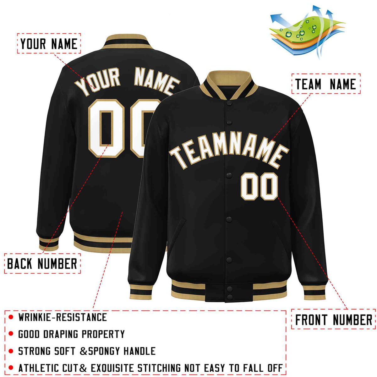 Custom Black White-Old Gold Varsity  Jacket Classic Style Full-Snap Letterman
