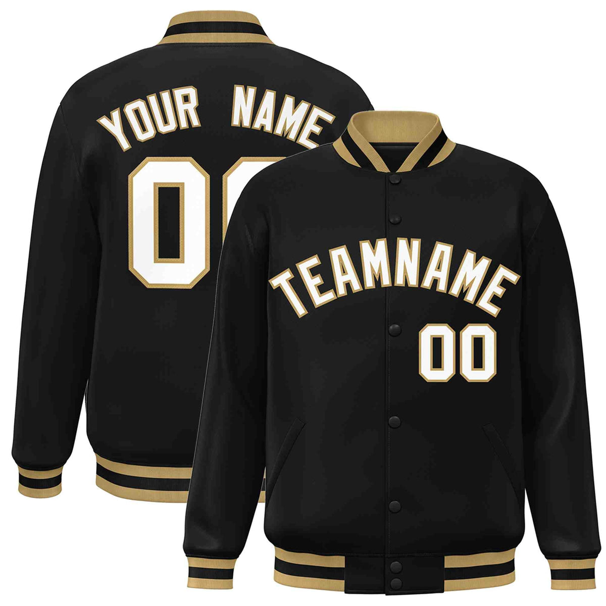 Custom Black White-Old Gold Varsity  Jacket Classic Style Full-Snap Letterman