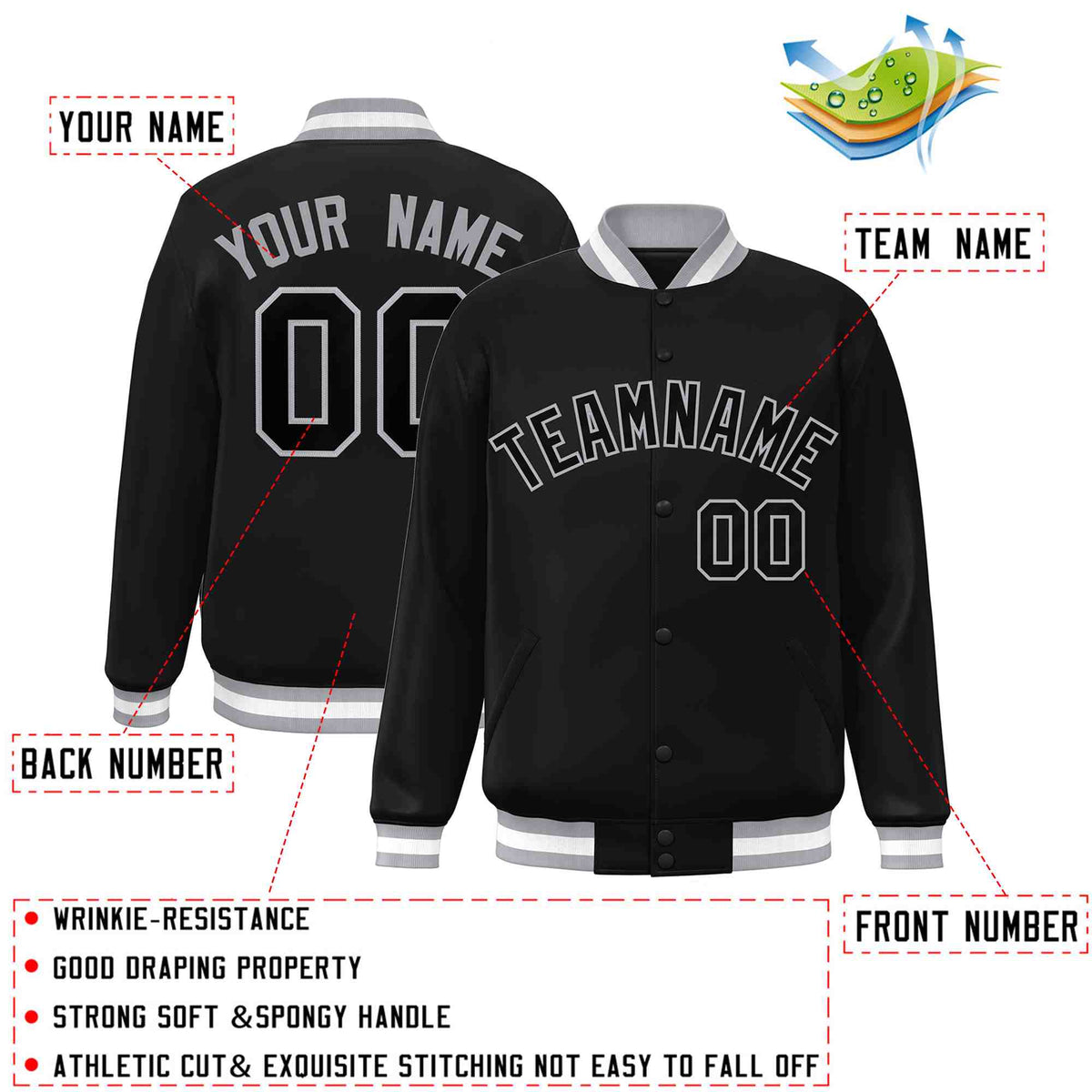 Custom Black Black-Gray Varsity  Jacket Classic Style Full-Snap Letterman