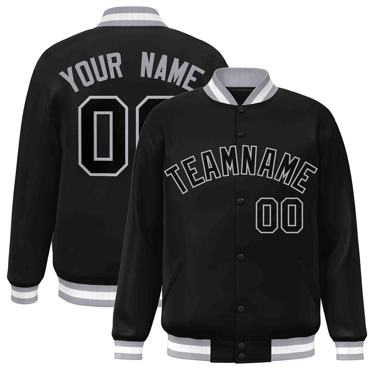 Custom Black Black-Gray Varsity  Jacket Classic Style Full-Snap Letterman