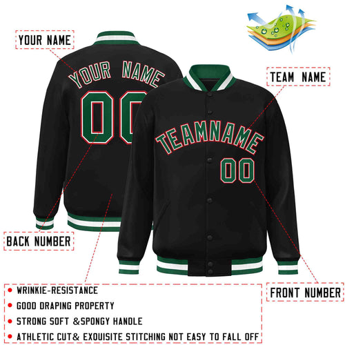 Custom Black Green-White Varsity  Jacket Classic Style Full-Snap Letterman