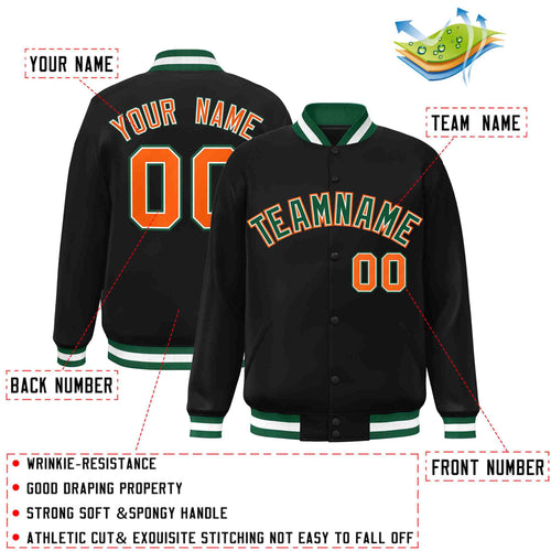 Custom Black Green-White Varsity  Jacket Classic Style Full-Snap Letterman