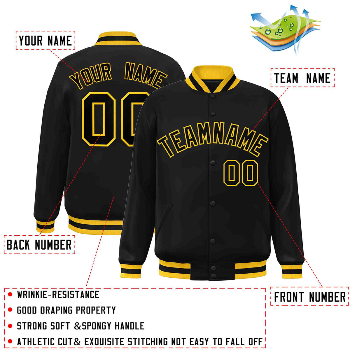 Custom Black Black-Gold Varsity  Jacket Classic Style Full-Snap Letterman