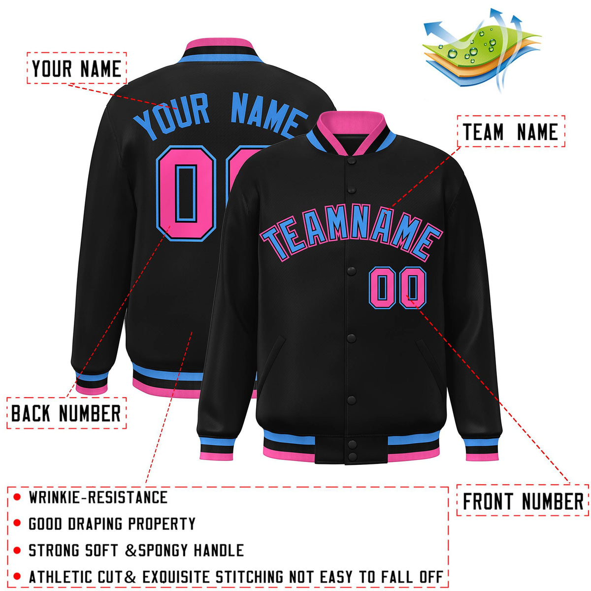 Custom Black Powder Blue-Black Varsity  Jacket Classic Style Full-Snap Letterman