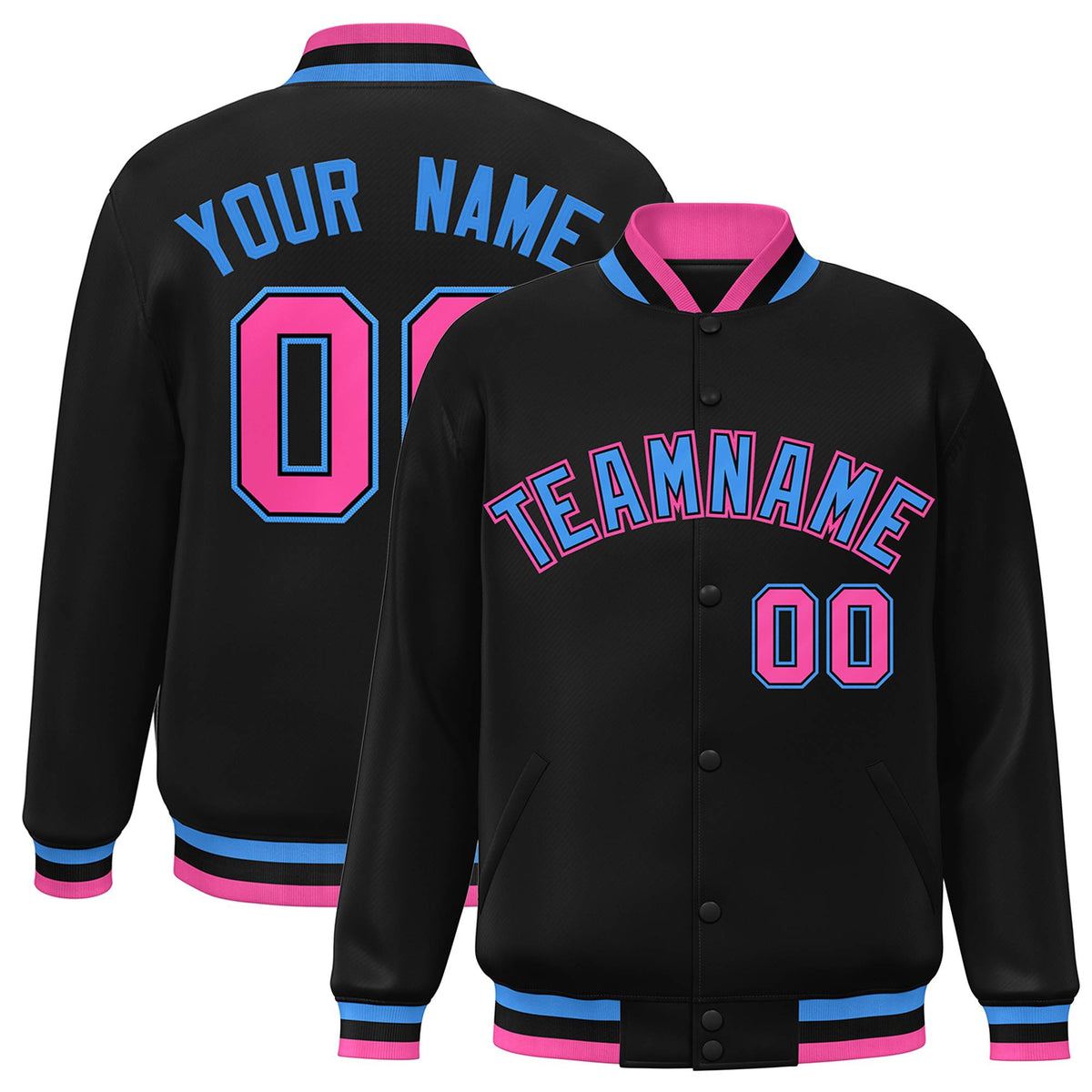 Custom Black Powder Blue-Black Varsity  Jacket Classic Style Full-Snap Letterman