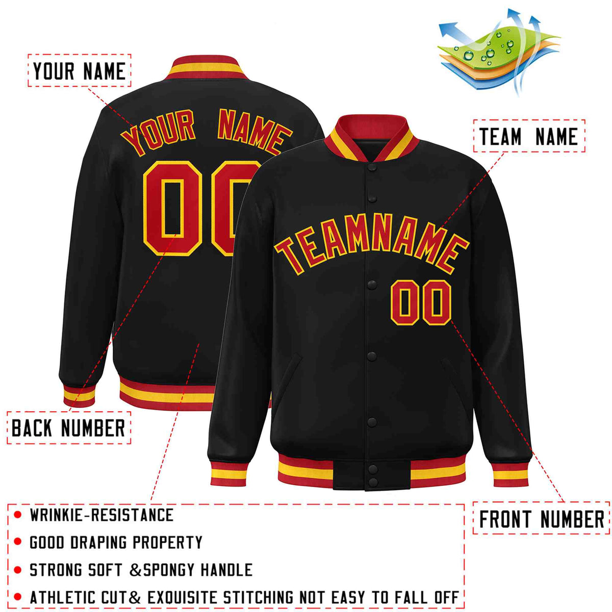 Custom Black Red-Gold Varsity  Jacket Classic Style Full-Snap Letterman