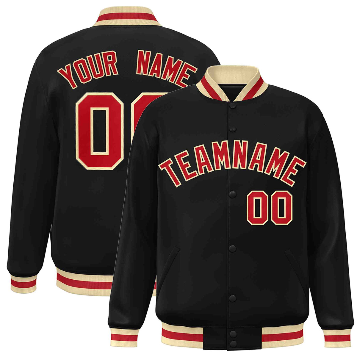 Custom Black Red-Khaki Varsity  Jacket Classic Style Full-Snap Letterman