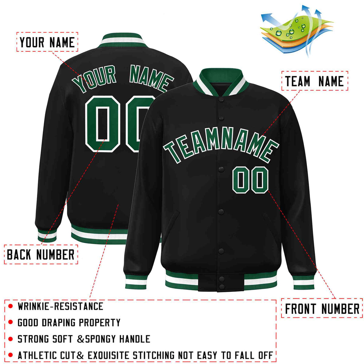 Custom Black Green-White Varsity  Jacket Classic Style Full-Snap Letterman
