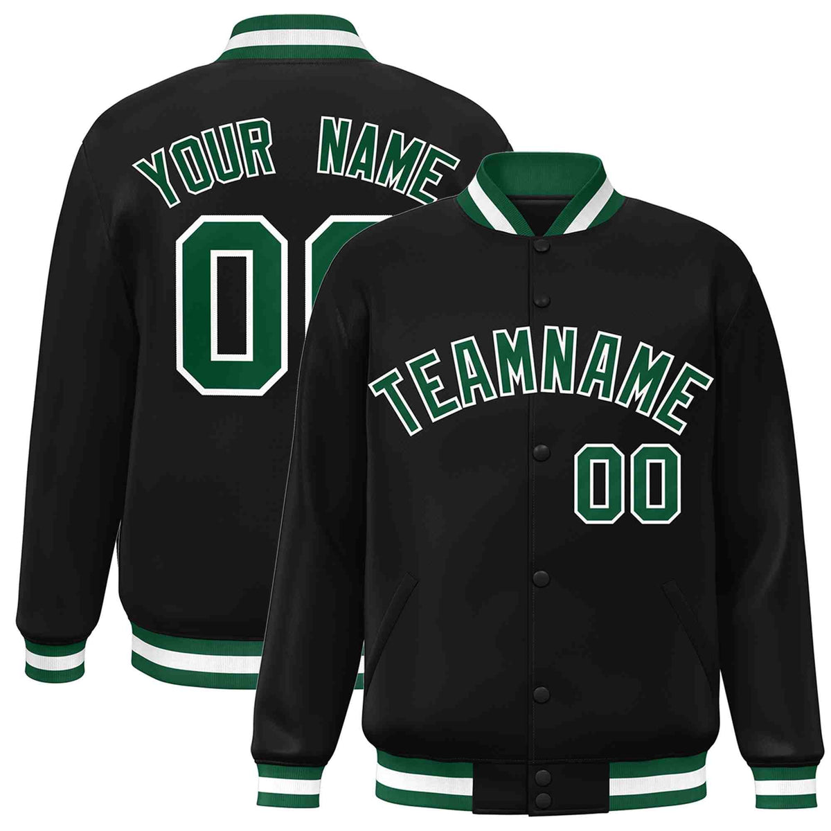 Custom Black Green-White Varsity  Jacket Classic Style Full-Snap Letterman