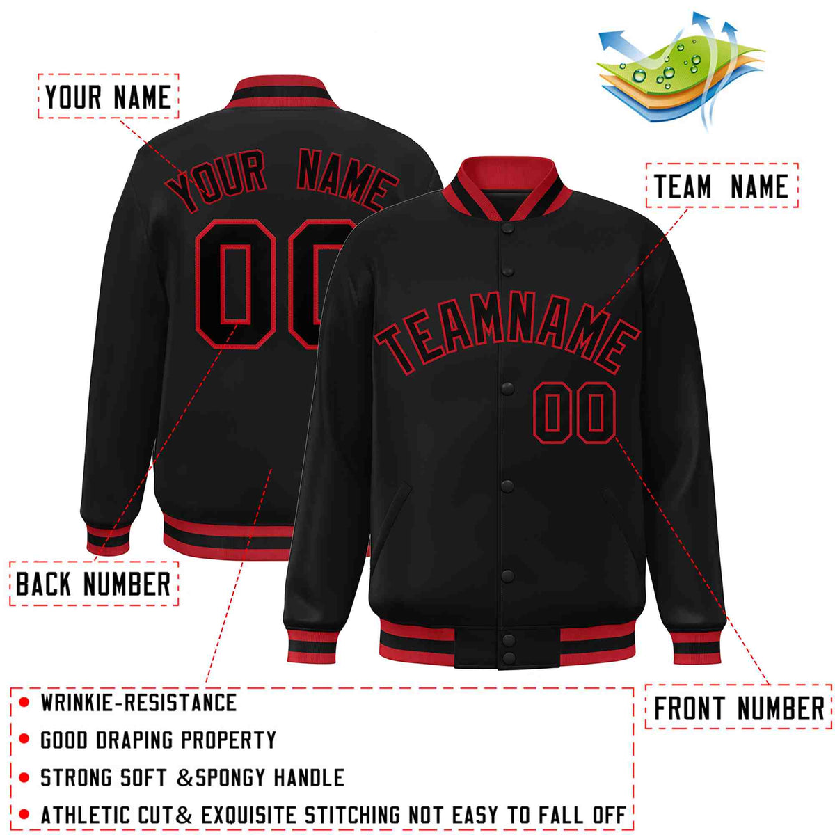 Custom Black Black-Red Varsity  Jacket Classic Style Full-Snap Letterman