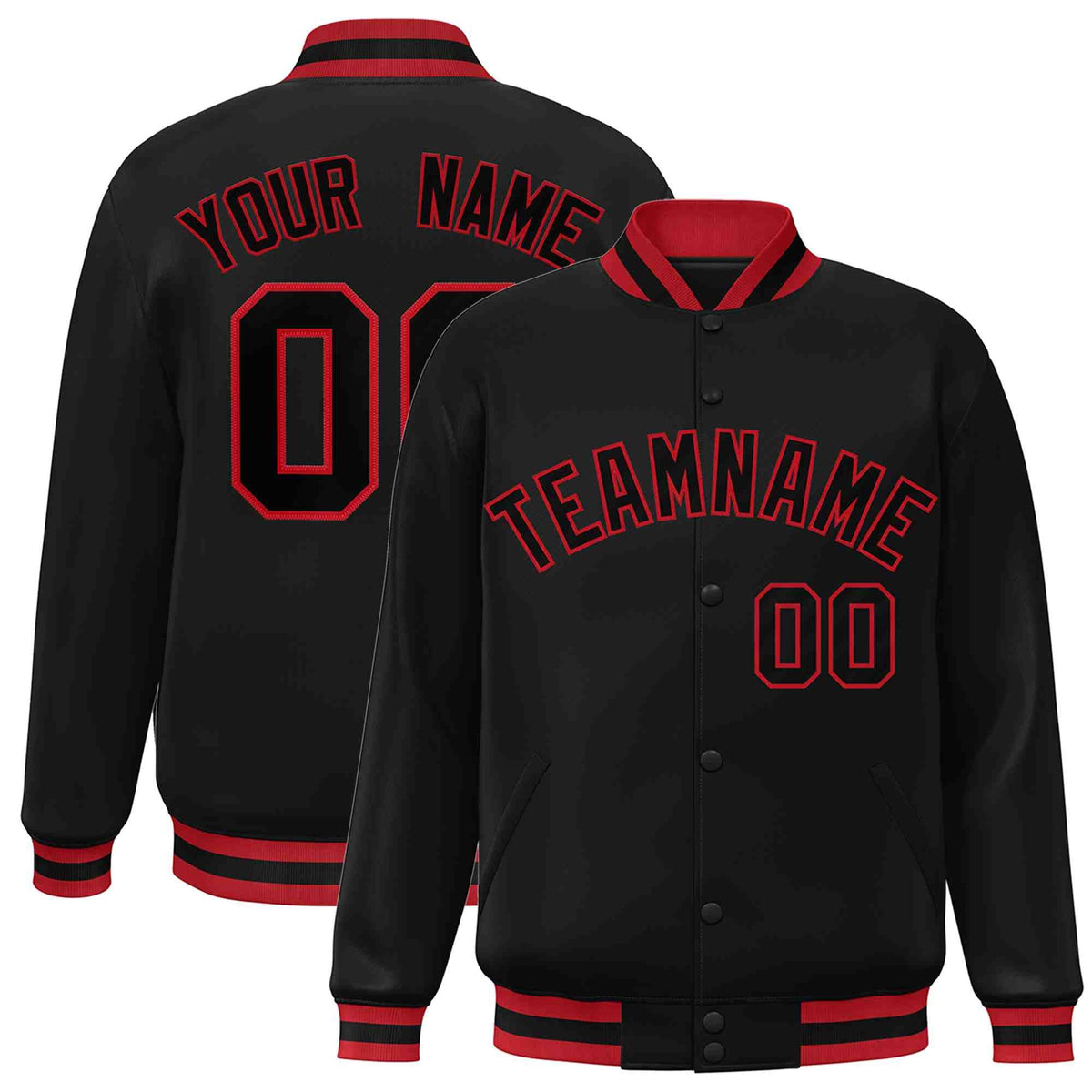 Custom Black Black-Red Varsity  Jacket Classic Style Full-Snap Letterman