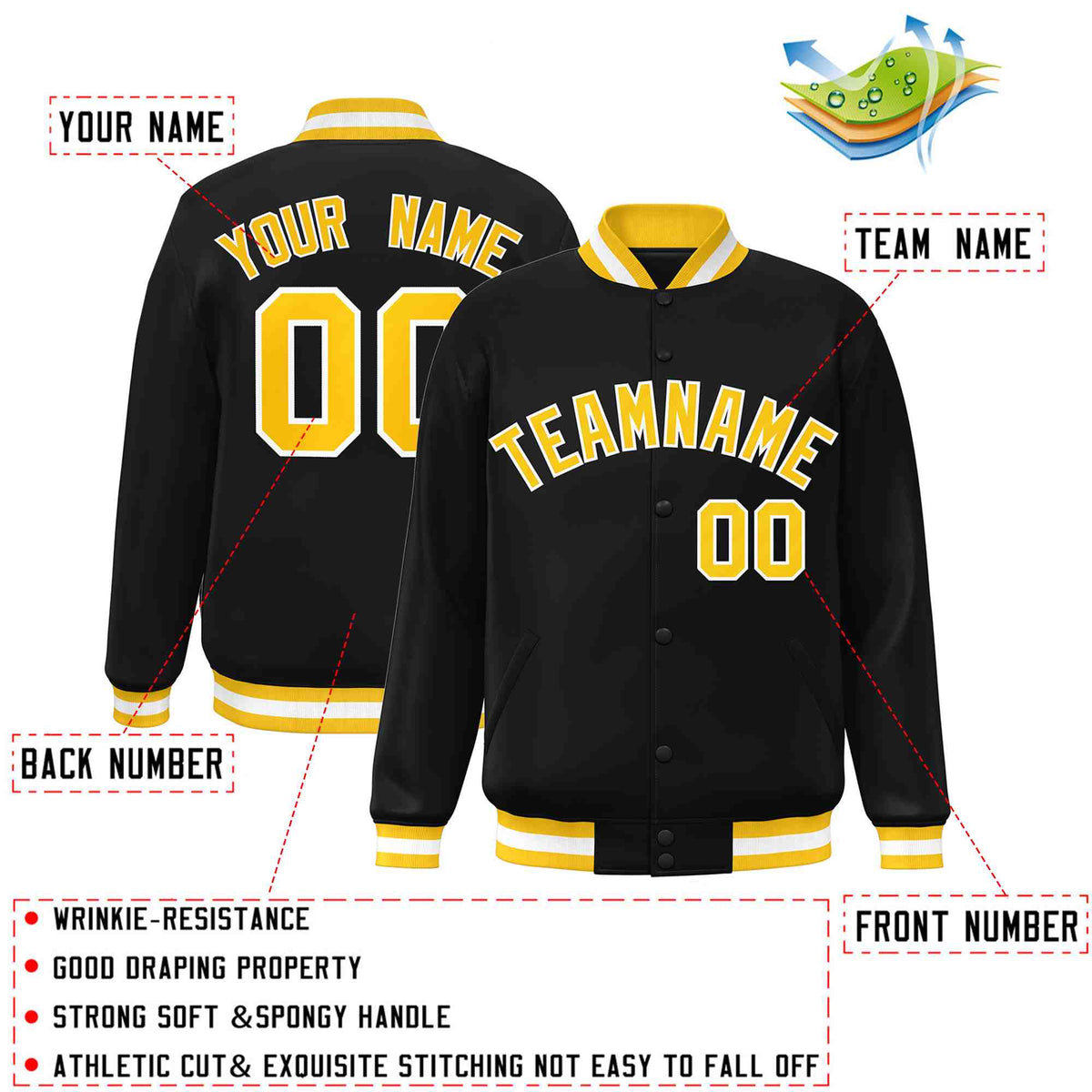 Custom Black Gold-White Varsity  Jacket Classic Style Full-Snap Letterman