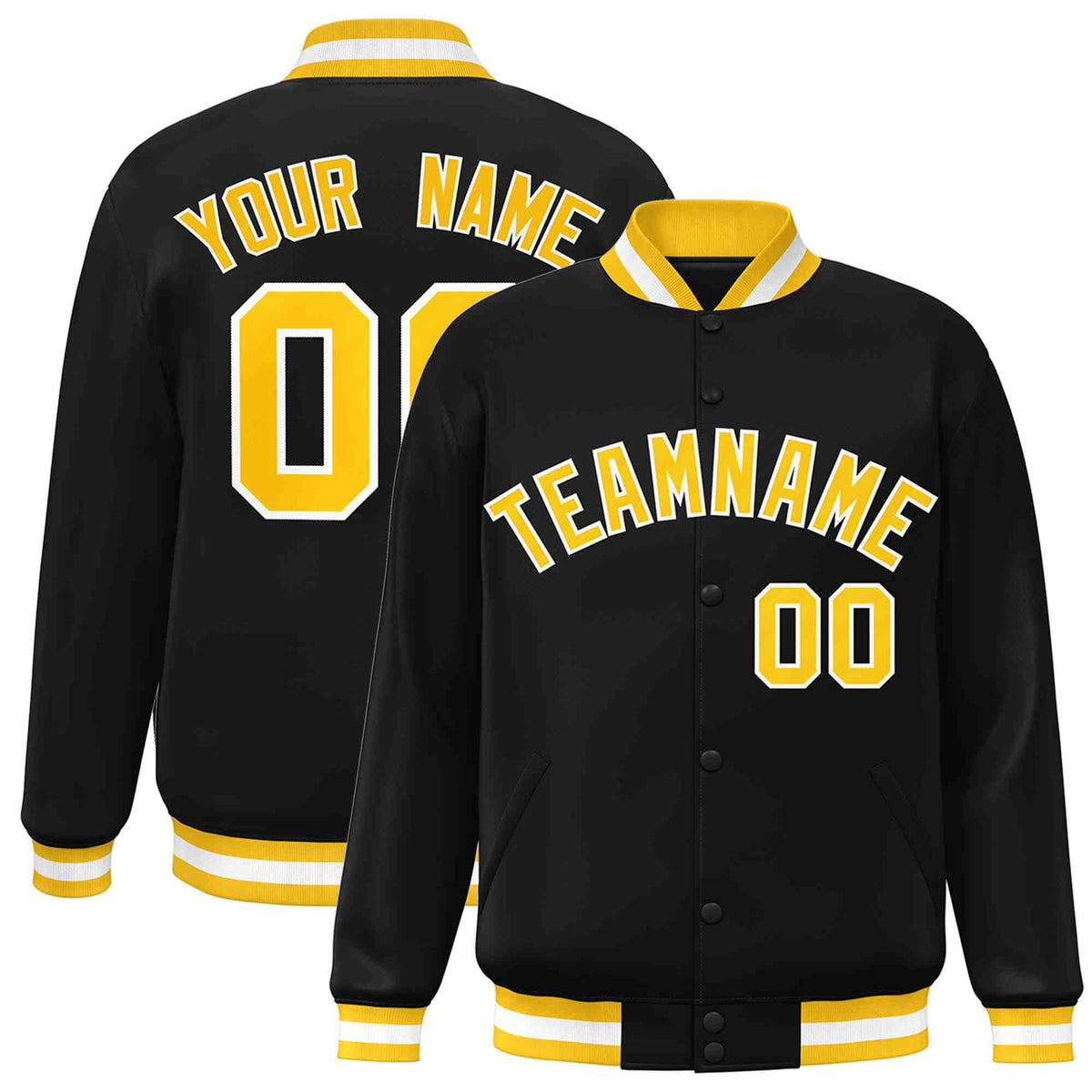 Custom Black Gold-White Varsity  Jacket Classic Style Full-Snap Letterman