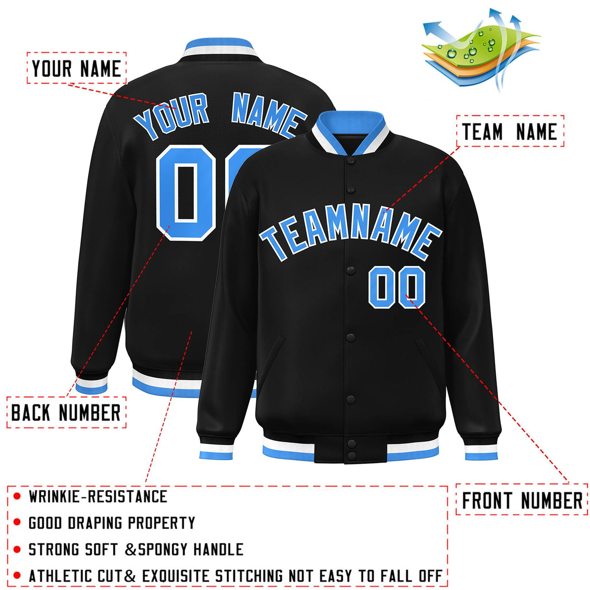Custom Black Powder Blue-White Varsity  Jacket Classic Style Full-Snap Letterman