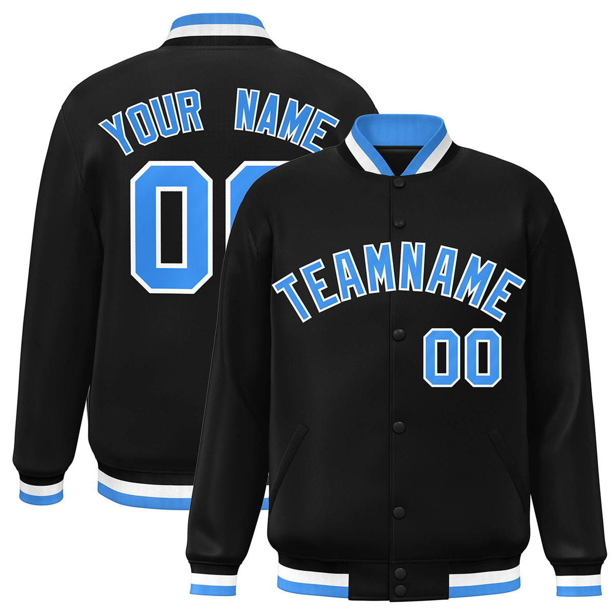 Custom Black Powder Blue-White Varsity  Jacket Classic Style Full-Snap Letterman