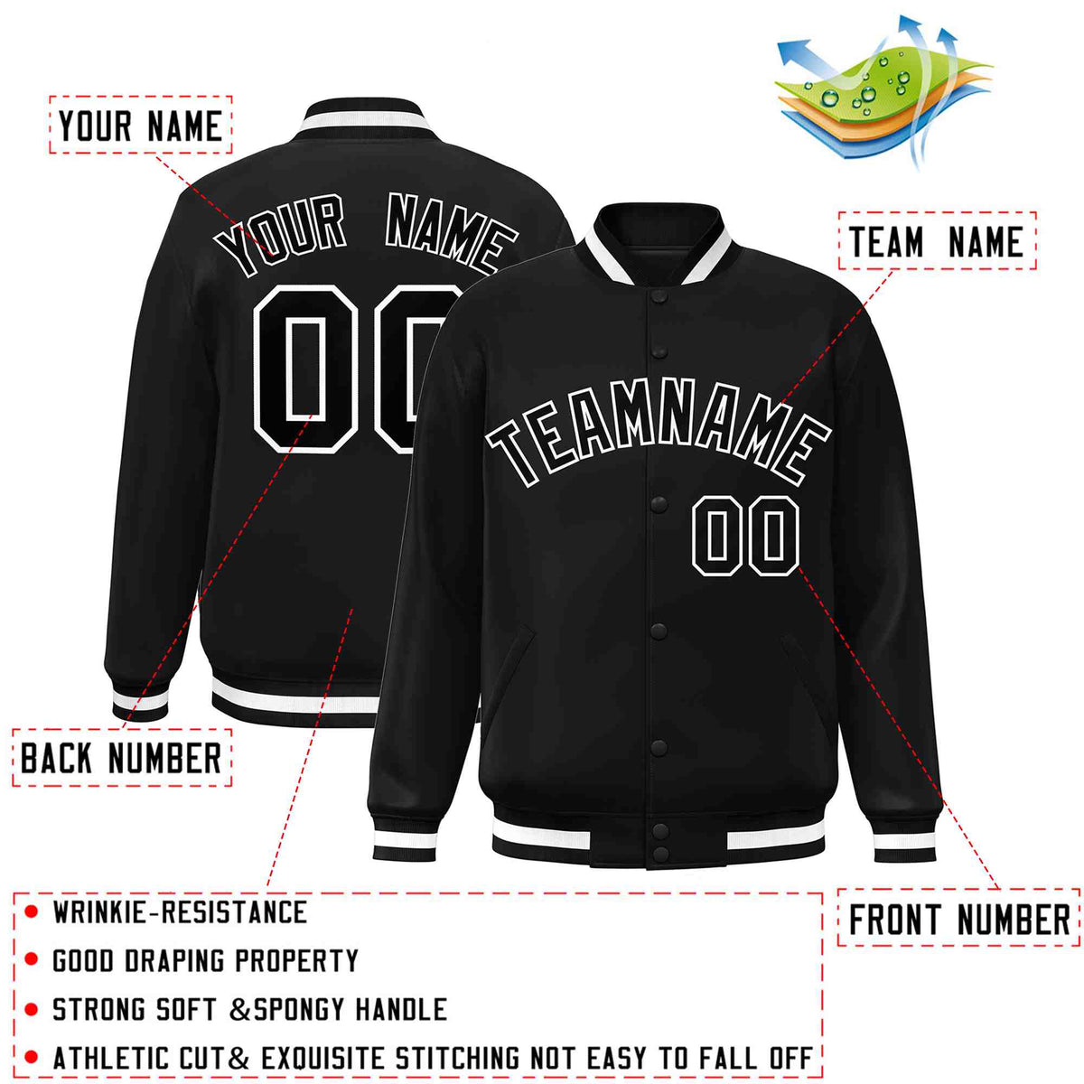 Custom Black Black-White Varsity  Jacket Classic Style Full-Snap Letterman