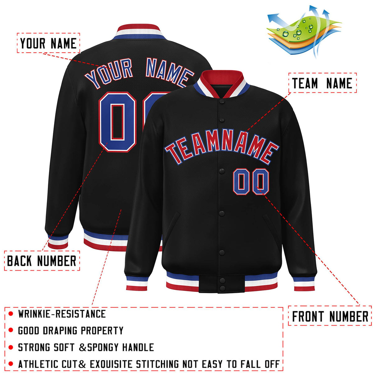Custom Black Red-White Varsity  Jacket Classic Style Full-Snap Letterman