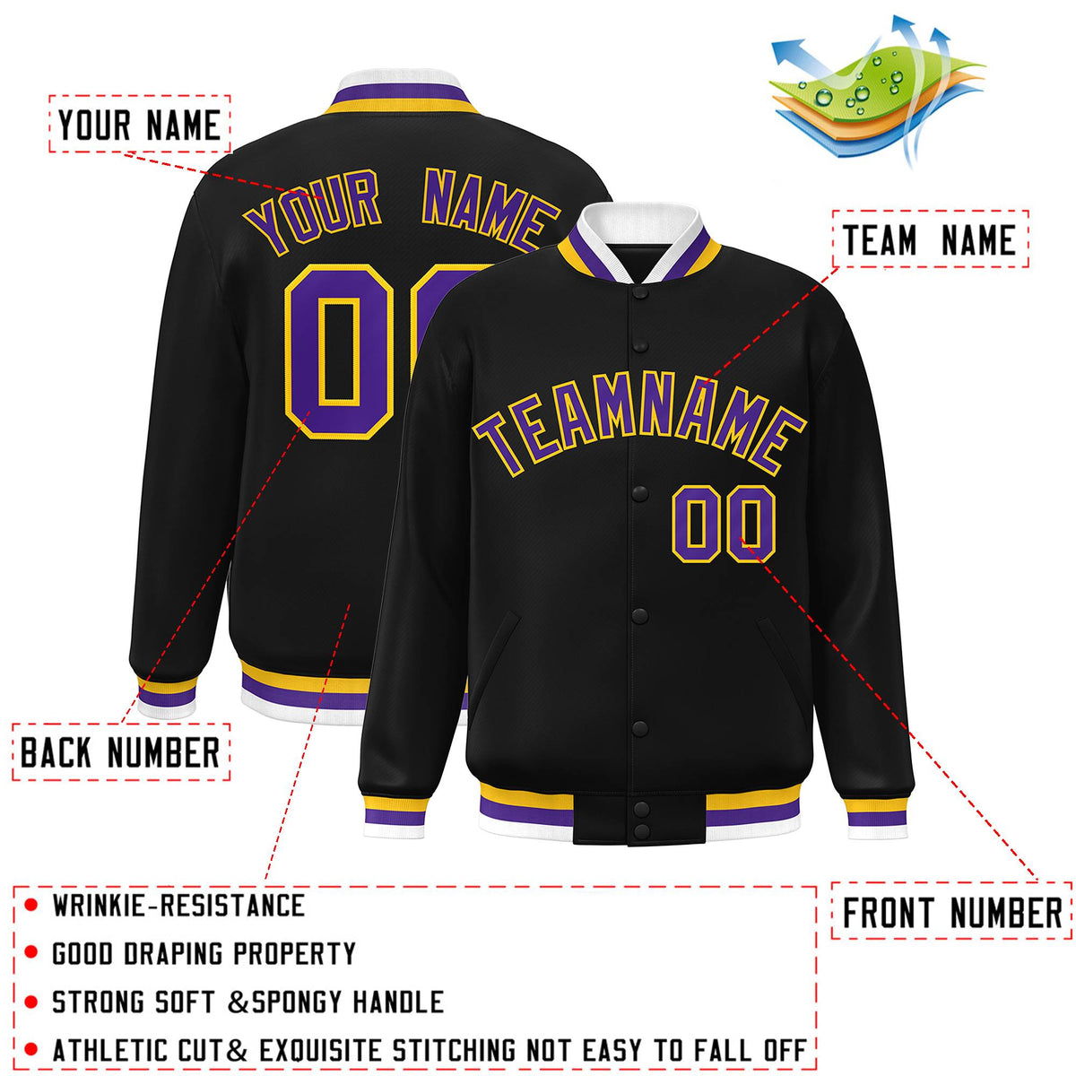 Custom Black Purple-Gold Varsity  Jacket Classic Style Full-Snap Letterman