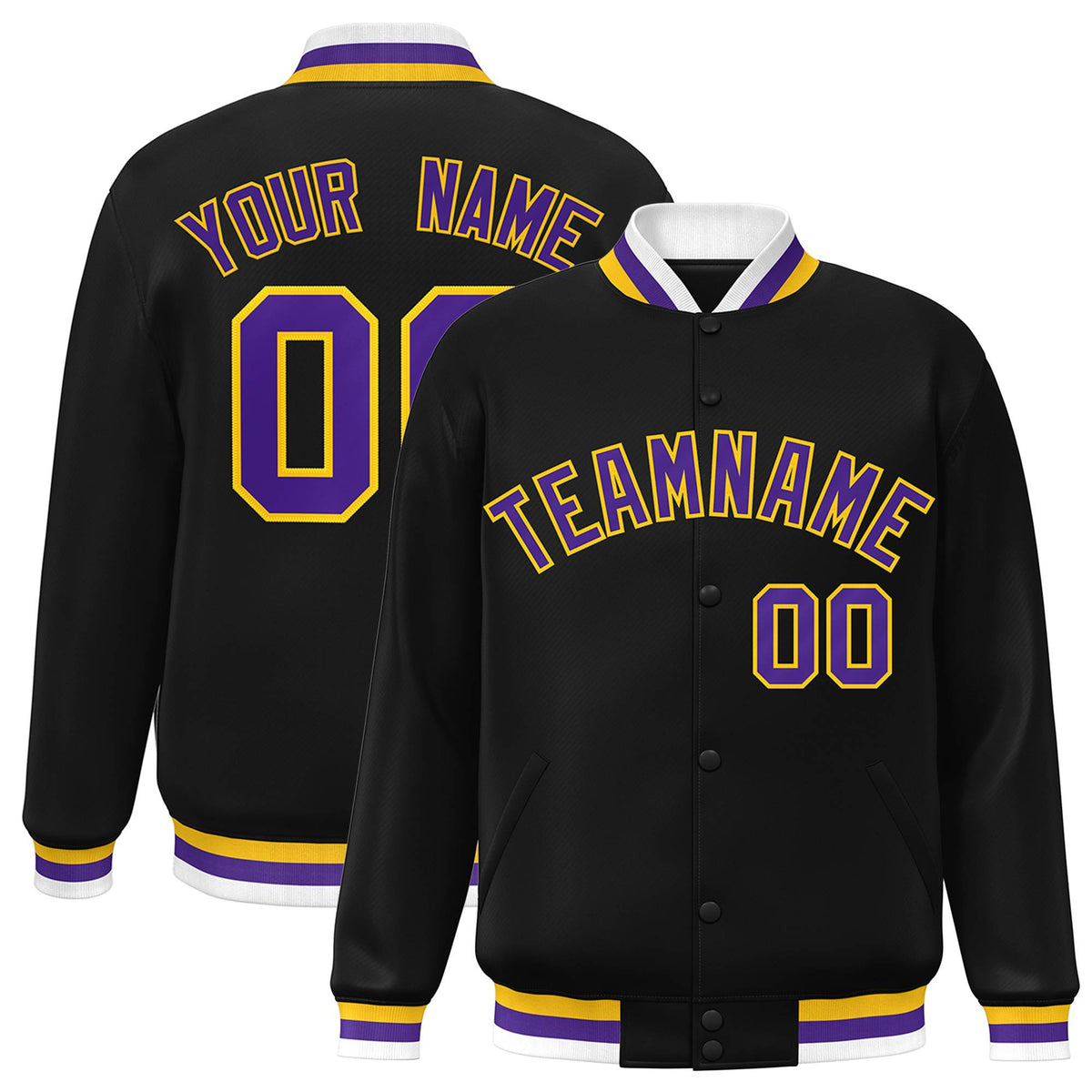 Custom Black Purple-Gold Varsity  Jacket Classic Style Full-Snap Letterman