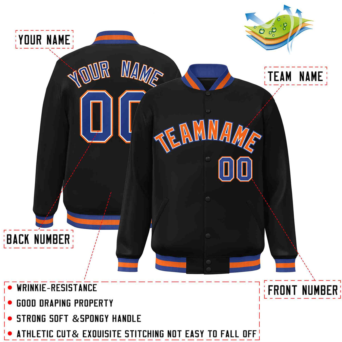 Custom Black Orange-White Varsity  Jacket Classic Style Full-Snap Letterman