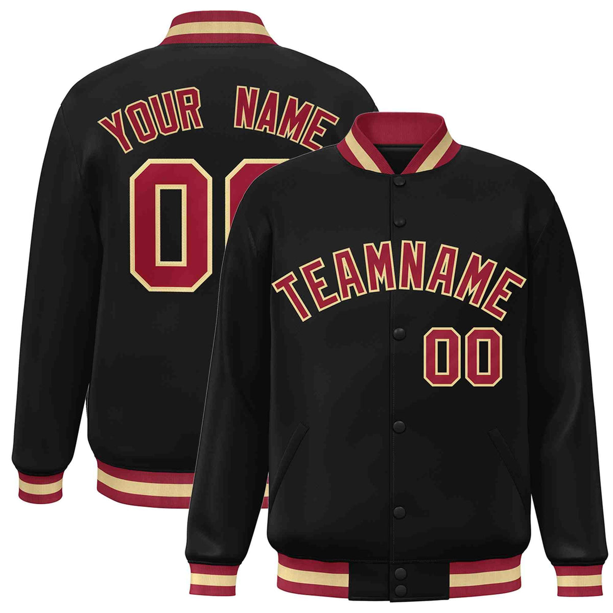 Custom Black Crimson-Khaki Varsity  Jacket Classic Style Full-Snap Letterman