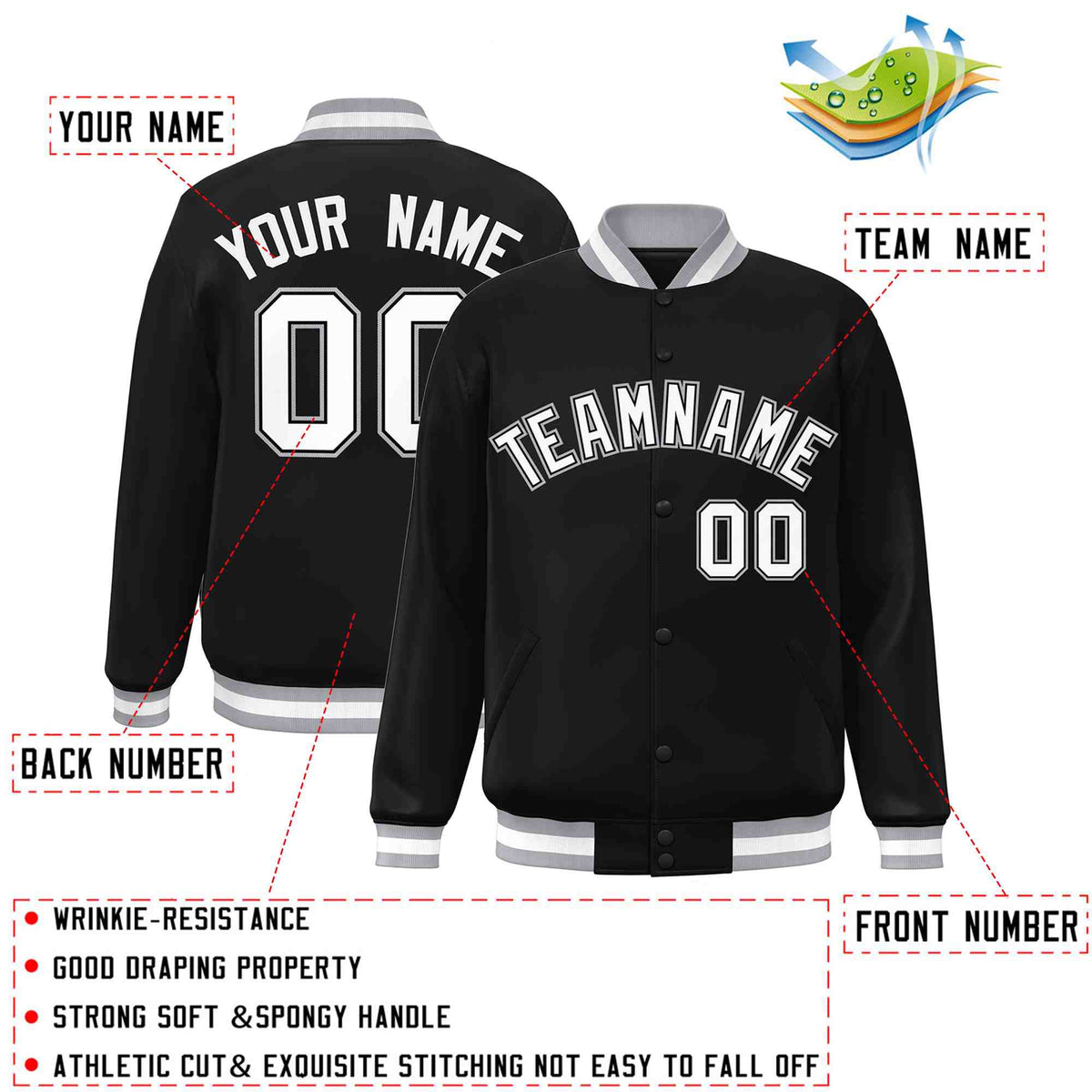 Custom Black White-Black Varsity  Jacket Classic Style Full-Snap Letterman