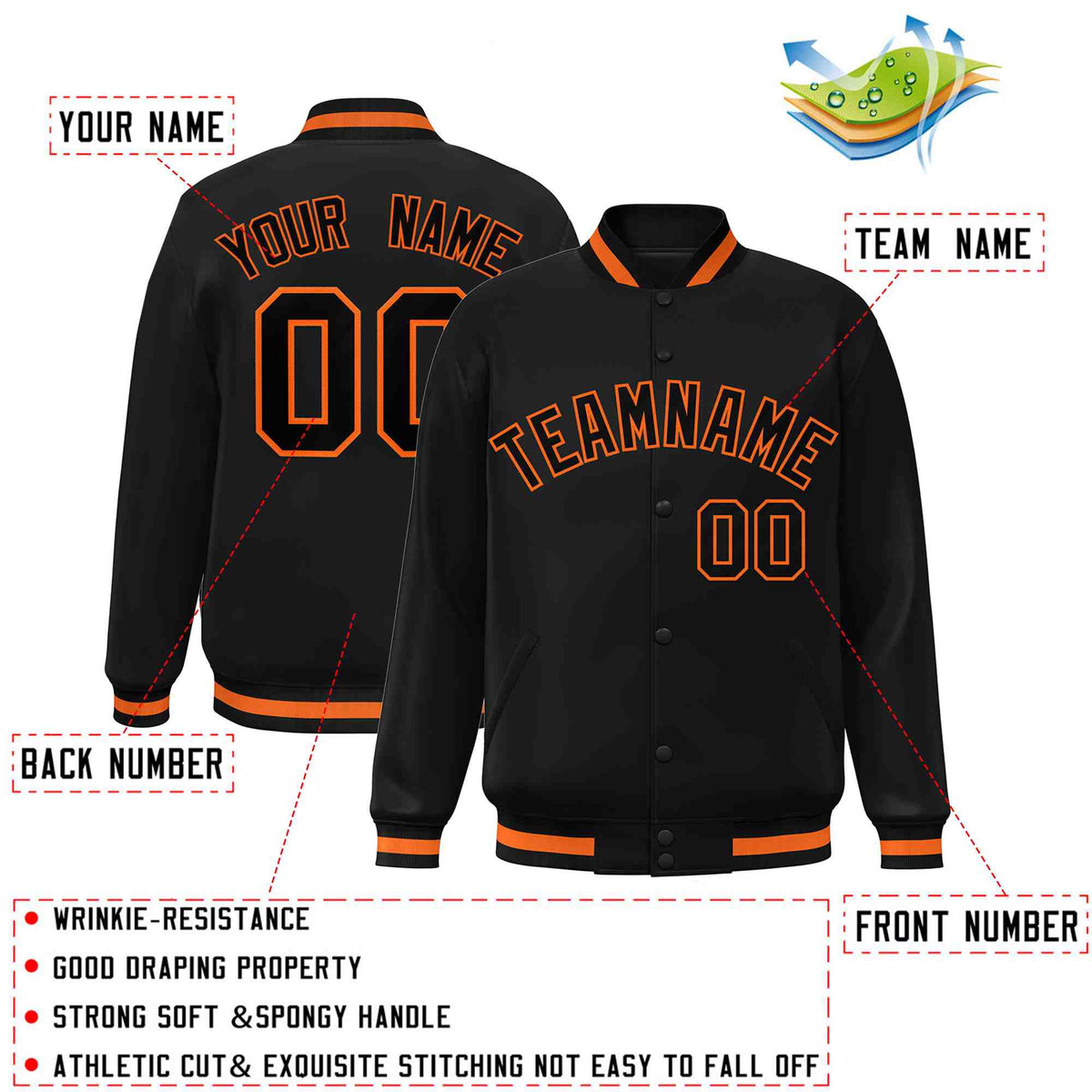 Custom Black Black-Orange Varsity  Jacket Classic Style Full-Snap Letterman