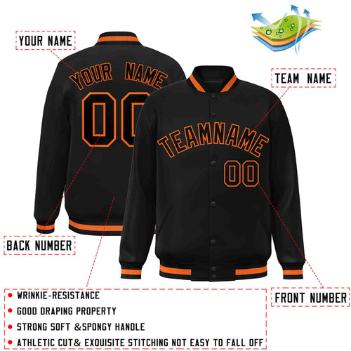 Custom Black Black-Orange Varsity  Jacket Classic Style Full-Snap Letterman