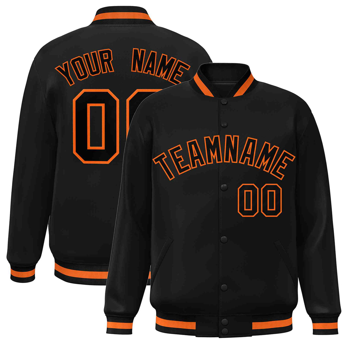 Custom Black Black-Orange Varsity  Jacket Classic Style Full-Snap Letterman