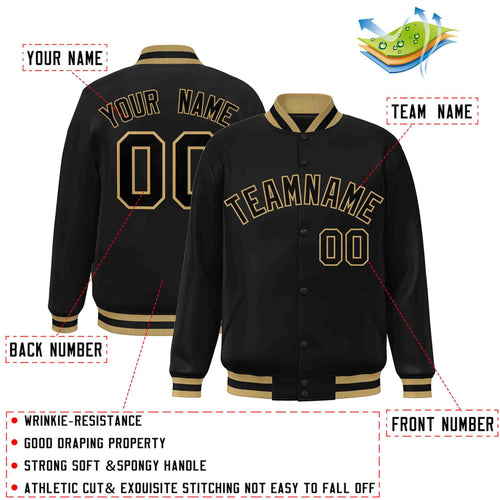 Custom Black Black-Old Gold Varsity  Jacket Classic Style Full-Snap Letterman