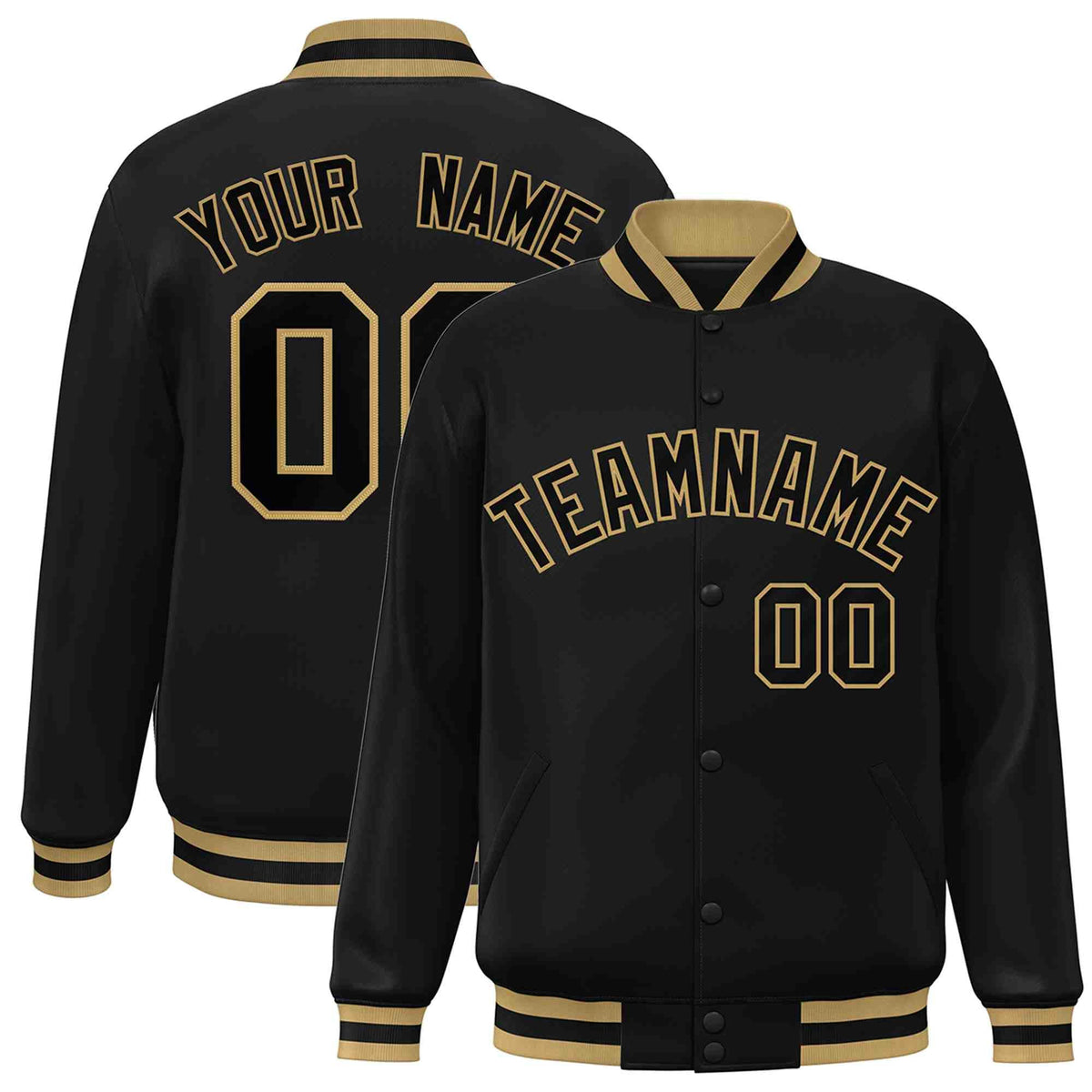 Custom Black Black-Old Gold Varsity  Jacket Classic Style Full-Snap Letterman