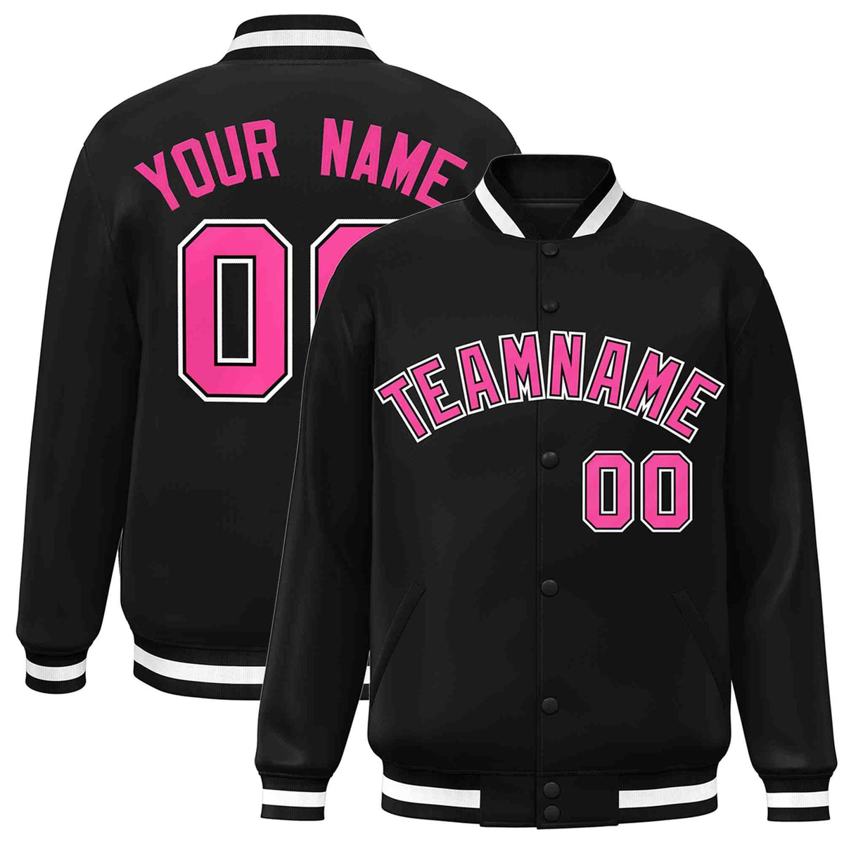Custom Black Pink-Black Varsity  Jacket Classic Style Full-Snap Letterman