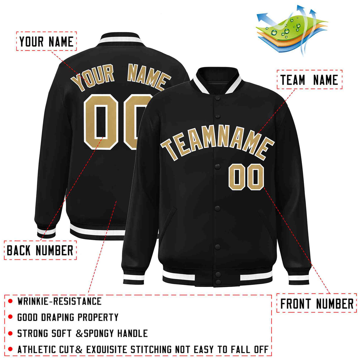 Custom Black Old Gold-White Varsity  Jacket Classic Style Full-Snap Letterman