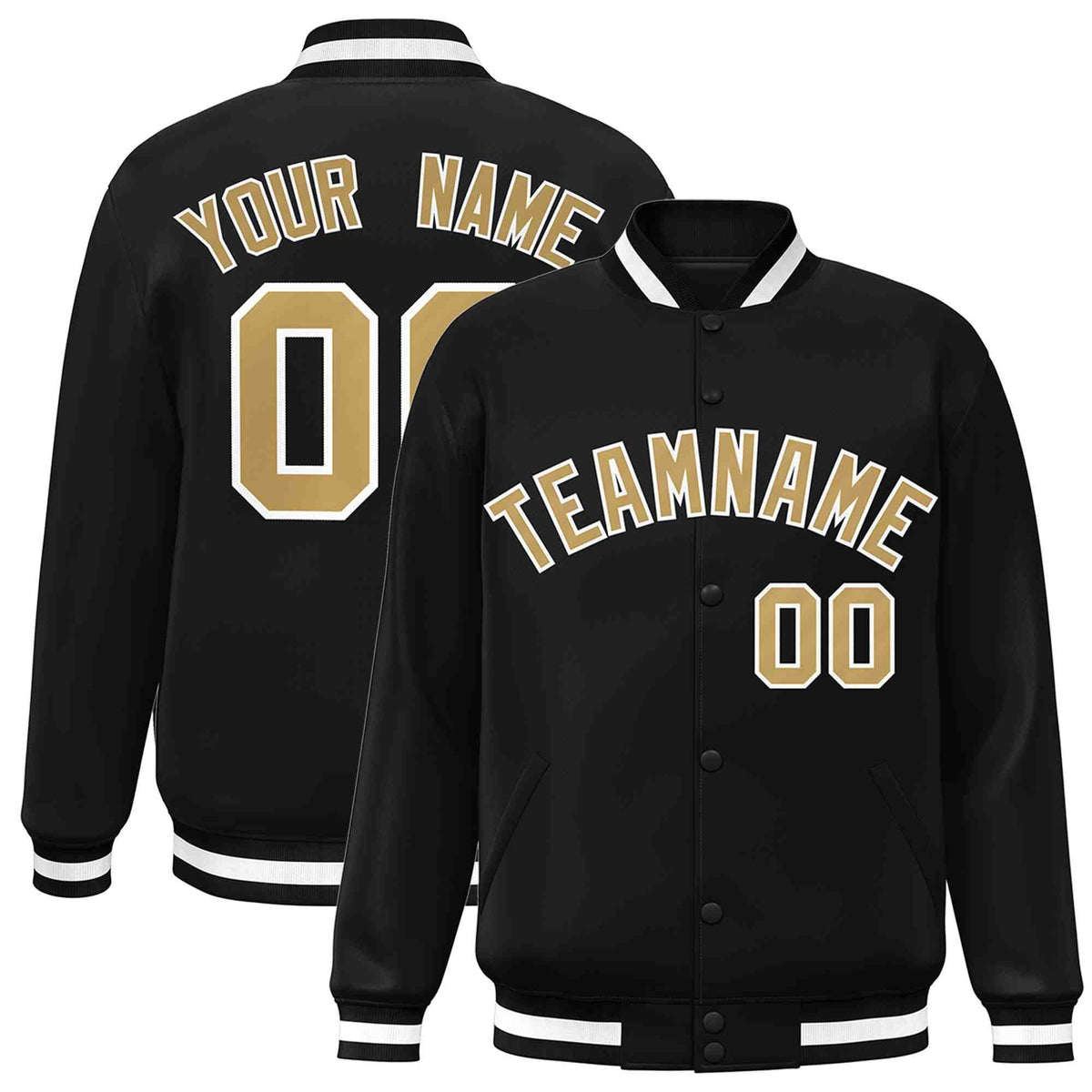 Custom Black Old Gold-White Varsity  Jacket Classic Style Full-Snap Letterman