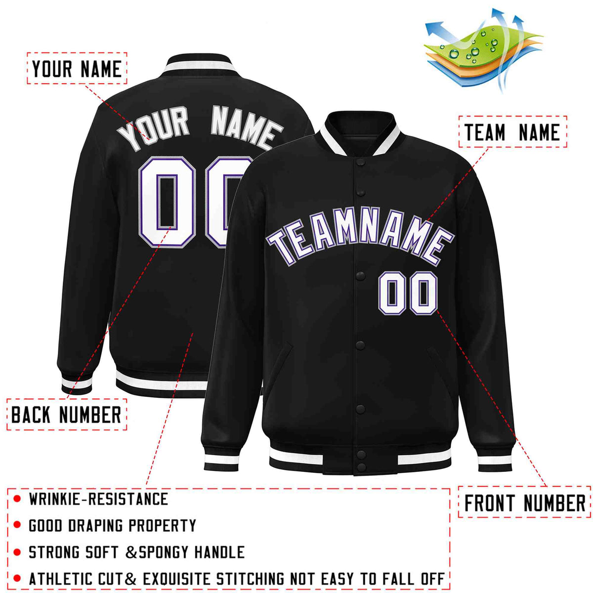 Custom Black White-Purple Varsity  Jacket Classic Style Full-Snap Letterman