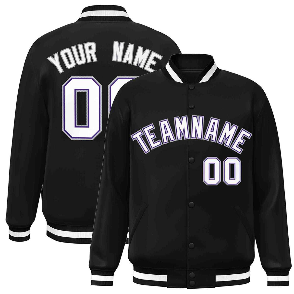 Custom Black White-Purple Varsity  Jacket Classic Style Full-Snap Letterman
