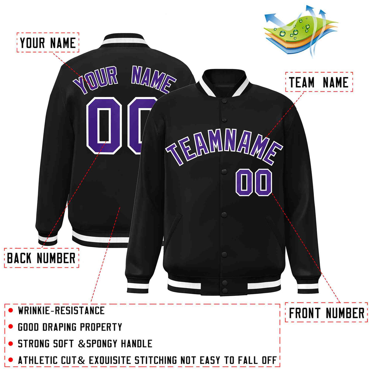 Custom Black Purple-White Varsity  Jacket Classic Style Full-Snap Letterman
